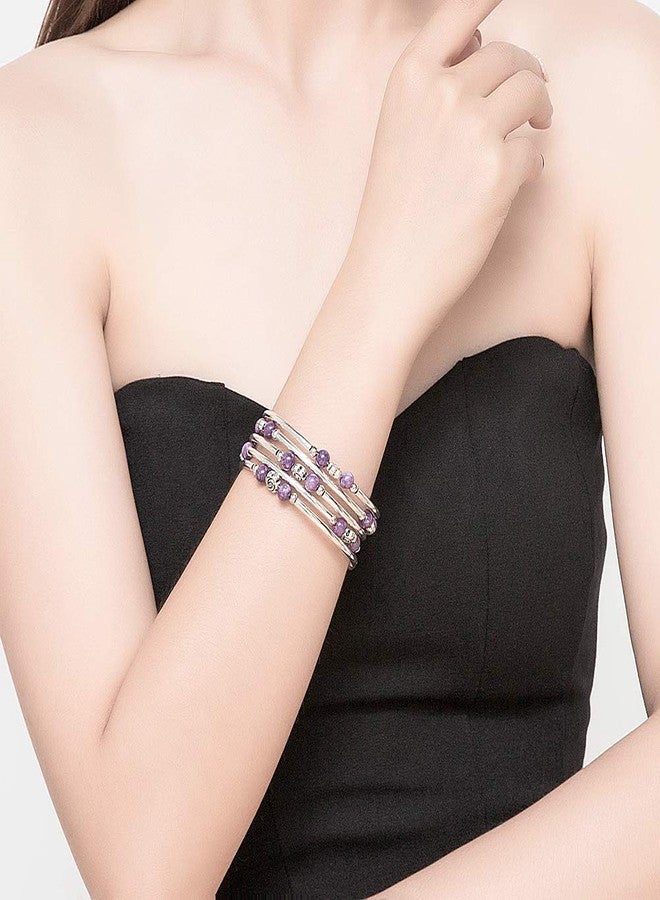 BULINLIN Wrap Bangle Rose Bead Bracelet - Beaded Bracelet with Natural Agate Stone Gifts For Women(01-Purple stone) - Image 4